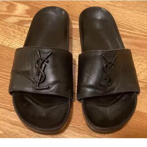 YSL Saint Laurent Joan Logo Slides Sandals Black Leather Auth Preowned